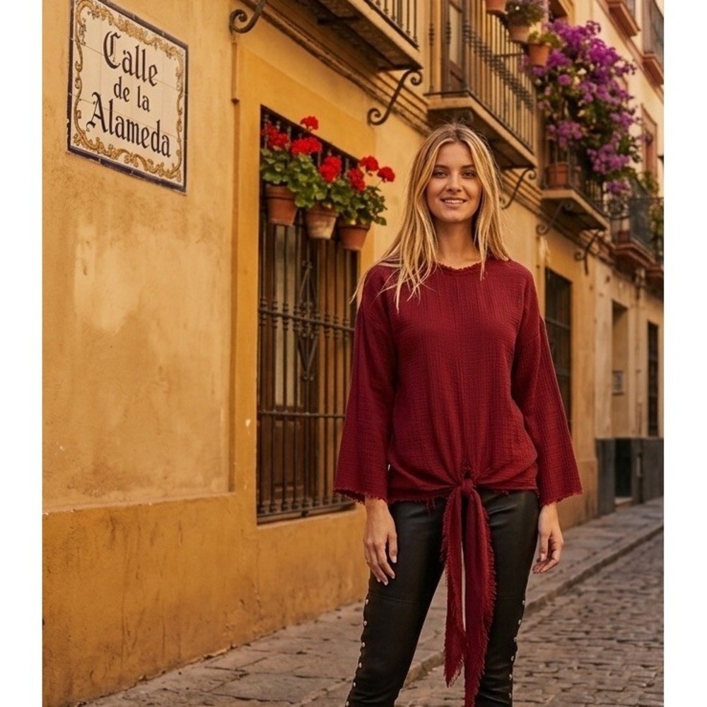 NEW Masscob Red Frayed Tie-Front Top XS Designer Top Crinkled Shirt Boho